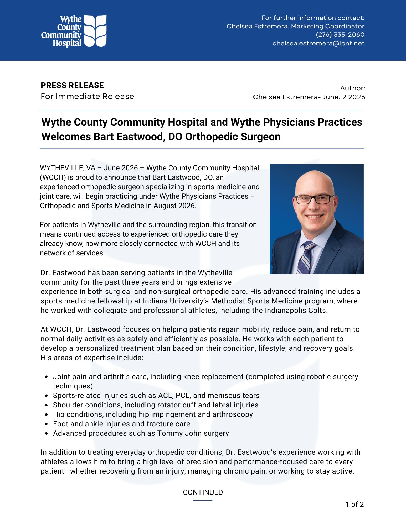 Wythe County Community Hospital and Wythe Physicians Practices Welcomes Bart Eastwood, DO Orthopedic Surgeon